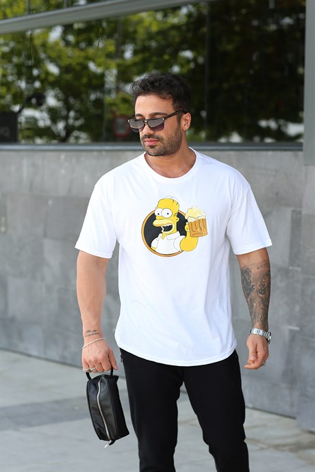 T-SHİRTBeyaz Simpson Baskılı Oversize T-shirt