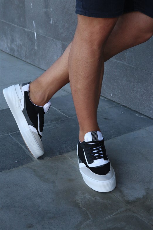Siyah Gri Beyaz Kalın Tabanlı Detaylı Renkli Spor Ayakkabı