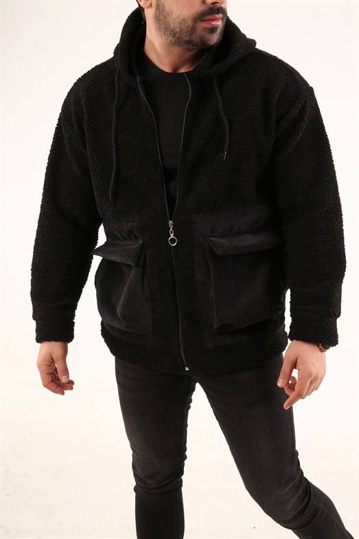 Unisex Siyah Kapşonlu Kadife Detaylı Peluş Ceket 