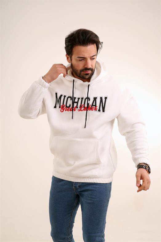 SWEATSHİRTErkek 3 İplik Beyaz Michigan Baskılı Kapşonlu Sweatshirt