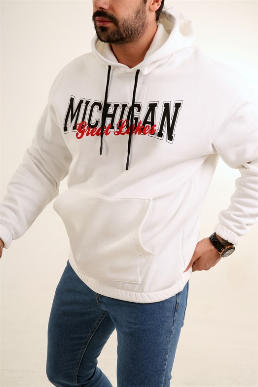 SWEATSHİRTErkek 3 İplik Beyaz Michigan Baskılı Kapşonlu Sweatshirt