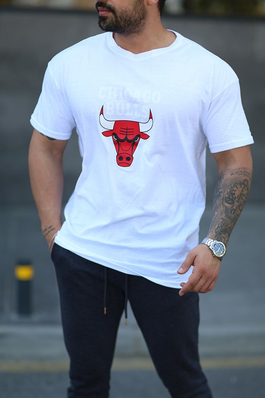 Beyaz Chıcago Bulls Baskılı Oversize T-SHİRT MHL