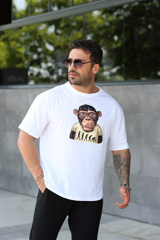 Beyaz Tshırtli Maymun Baskılı Oversize T-shirt