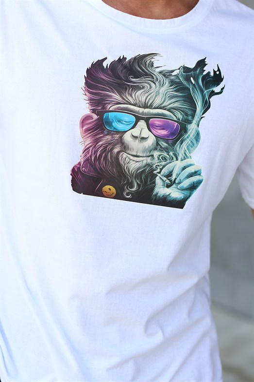 T-SHİRTBeyaz Maymun Baskılı Oversize T-shirt
