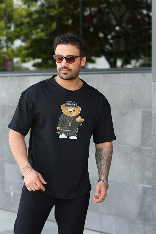 Siyah Compton Ayı  Baskılı Oversize T-shirt
