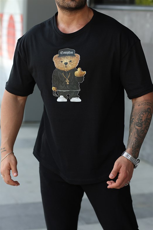 Siyah Compton Ayı  Baskılı Oversize T-shirt