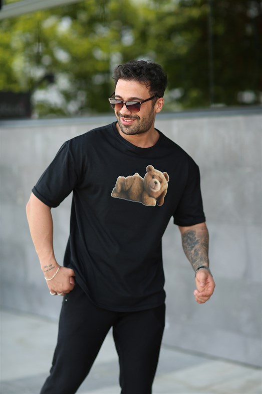 Siyah Yatan Teddy Baskılı Oversize T-shirt