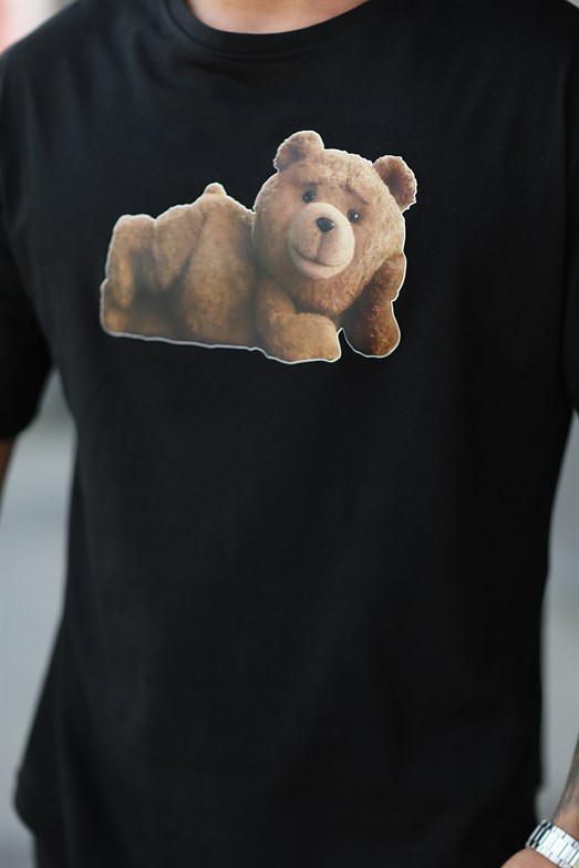 Siyah Yatan Teddy Baskılı Oversize T-shirt